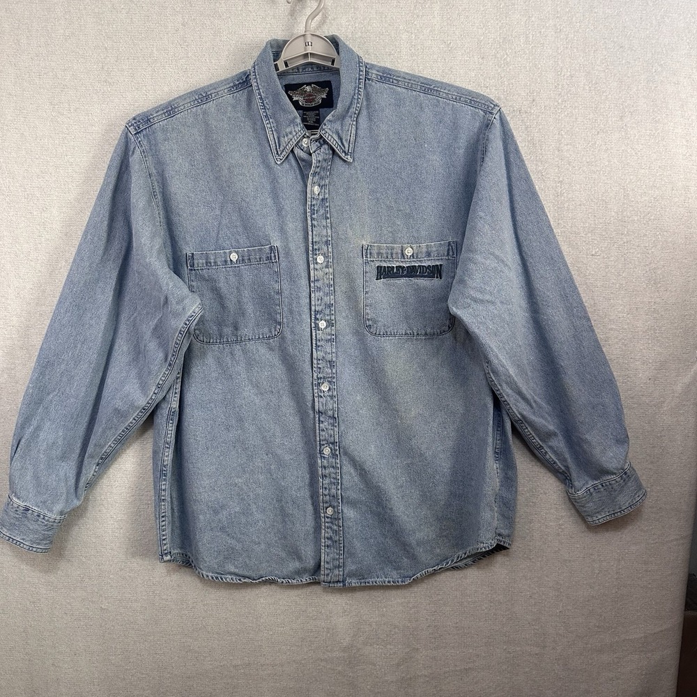 Harley Davidson Men's XXL Denim Shirt Button Up Long Sleeve Embroidered